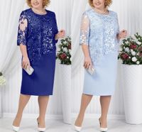 2022 Ucuz Mücevher Boyun Artı Boyutu Annesi Gelin Elbiseler Stokta Kraliyet Mavi Uzun Kollu Diz Boyu Anne Örgün Parti Gelinlik Vog343