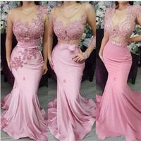 2020 New Pink African Mermaid Bridesmaid Dresses Three Types Sweep Train Long Country Garden Wedding Guest Gowns Maid Of Honor Dre2412
