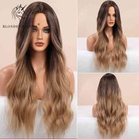 Blonde Unicorn Synthetic Wig Ombre Brown Long s Middle Part Hair Daily Natural Wavy Heat Resistant Fiber for Women 220622