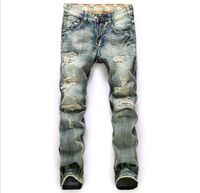 Men' s Jeans Hole Nostalgic Trade More Fabric Frayed Red...