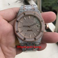 Top Qualität 42mm Volldiamanten Hip Hop Armbanduhr Eis Diamantuhr Zwei Ton Silber Rose Gold Edelstahl Fall Automatische Watch219Y