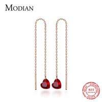 Dangle & Chandelier Modian Silver Simple Red Crystal Hearts Chain Earrings 925 Sterling Cubic Zirconia Dazzling Drop Earring For WomenDangle