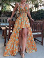 Sommer -Off -Schulter -Print Rüsche Langes Kleid elegant Deep V Neck Halfter unregelmäßiger Rückenless Beach Fashion Casual Boho 220602