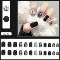 New 2021 24PCS Short Black Press on Nail Rhinestones Design Full Coverage Artificial Nail Sweet Style Fake Nails Art Tip W220413