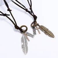 Old Bird Feather Pendant Necklace Ancient Letter ID Cross Charm Adjustable Chain Leather Necklaces for Women Men Fashion Jewelry Gift