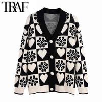 Traf Women Fashion Jacquard Flow Knit Cardigan Sweater Vintage Manga larga Botones cubiertos de ropa exterior