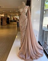 Blush Pink Mermaid Prom Dresses With Wrap One Shoulder Lace Beaded Dubai Glitter Robe De Soiree Arabic Evening Dress Women Party Gowns Vestidos