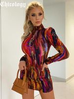 Women Tie Dye Print Long Sleeve Mini Dress Shoulder Pad Bodycon Sexy Streetwear Party Clothes Y2k Outfits