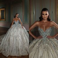 Arab Princess Ball Gown Wedding Dresses Sheer V Neck Customise Sequins Puffy Bridal Gowns robes de Red Carpet Celebrity Dress
