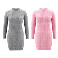Women Autumn Long Sleeve Cable Knit Bodycon Mini Sweater Dress O-Neck Solid Color Sexy Empire High Waist Basic Jumper Stre265A