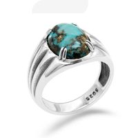 Cluster Rings Turquoise Ring For Men 925 Sterling Silver Prong Setting Blue Natural Stone Vintage Man Women Turkish JewelryCluster