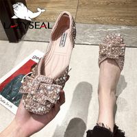 Lazyseal Crystals Pearl Knet Women Flats Bling 여자 신발 여성 소프트 밑창 발가락 슬립 블링 슈즈 220610
