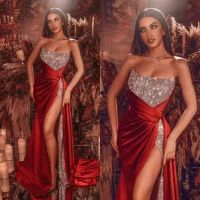 Red Scoop Mermaid Evening Dresses Sleeveless Sparkly Sequined Sexy Split Side Prom Gowns Plus Size Party Dress