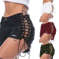 Damenshorts Sommer Quastel Denim Party Rave Frauen sexy Club Skinny Schnüre mit mittlerer Taille Loch Rivet Button Black Short Jeans