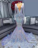 Gümüş Seksi V Yaka Mermaid Gelinlik Modelleri 2022 Uzun Kollu Afrika Örgün Abiye giyim Mezuniyet Parti Elbiseler Pro232