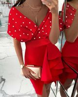 Women Elegant Solid Color Deep Casual Dresses V Neck Beads Design Red Party Dress