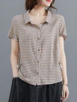 Camisas de blusas para mujeres Moda casual de mujer Estilo simple Retro a cuadros Retro Algodón suelto Tops de manga corta Camisas Mujerwom
