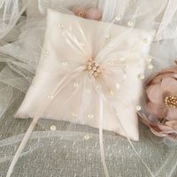 Décoration de fête 15x15cm Cérémonie de mariage anneau oreiller en dentelle de ruban Fleur de perle de perle