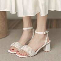 Sandals Low Heels Pleated Pearl Ankle Strap Women 2022 Summer Elegant Designer Party Prom Bridal Wedding Ladies Shoes