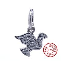 Dangle Dove Symbol of Hope with Clear CZ 100% 925 Sterling Silver Beads Fit Pandora Charms Bracelet Authentic DIY Fashion Jewelry245w