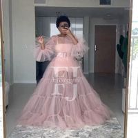 Casual Dresses 2022 Lekkie Różowe Ruffles Sheer Tulle Maternity Pography Z Długim Rękawem A-Line Prom Party Suknia Plus Size Sukienka w ciąży