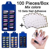 100 Pieces Box Mixed Color Ballerina False Nail Tips With 10 Sets Of Nail Adhesive Full Cover Fake DIY2146