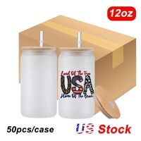 Stock de EE. UU. 12oz Sublimación Copas de vidrio transparente 16 oz Cazo de vaso en forma de vaso Bamboo Tapa Cóctel Copa de hielo Jar de cola Home Straw Taza 0208