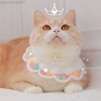고양이 칼라 리드 2021 New Pearl Crocheted Cat Scarf Collar Gradient Rainbow Dog Bib Harness Necklace 다채로운 껍질 고양이 도판나 러시아 블루 L220812