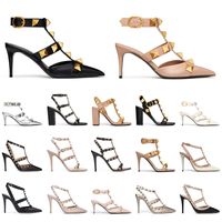 With Box Designers sandals High Heel Dress Shoes Ankle Strap Roman Stud Black Nude Sliver Rivets Womens Stiletto Chunky Heels 60 80 100 MM Pointed Open Toes