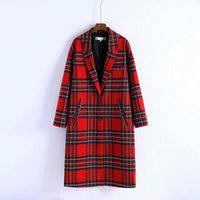 Women's Wool & Blends Women 2022 Vintage Winter Red Plaid Coat Long Woolen Single-breasted Female Wide-Waisted Coats Jacket Parka