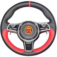 Costura à mão Couro preto Couro vermelho natural Marcador Vermelho Tampa do volante de carro para Porsche Macan Cayenne 2015 2016
