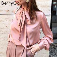 BerryGo Office ladies tie-neck women blouse shirt Summer spring long sleeve blouses Elegant bow work wear female top <strong>pink blusas</strong> C222Y