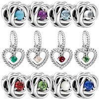 Nytt populärt 100% 925 Sterling Silver Tolvmånaders Birthstone Heart Eternal Charm Beads Pendant för Original Pandora Armband Women SMYCKE