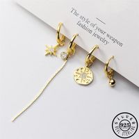 Hoop & Huggie 925 Sterling Silver Asymmetrical Zircon Round Star Shape Hoops Earrings Gold Color Long Tassel Chain Ear Rings Jewel323i
