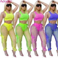 Adogirl Fashion Femmes Tracksuit Summer Casual Two Piece Ensemble Vest Crop Top Poches Sheer Mesh Combalys Pantalon Sexy Home Costume