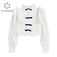 White Square Collar Sexy Crop Blouses Women Spliced Bownot R...