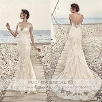 Cap Sleeved Champagne Lace Wedding Dress with Illusion Back Fit to Flare Slim Bridal Dress Gown Custom Made280l