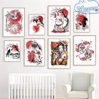 Paintings Japanese Koi Black Red Geisha Daruma Sakura Cat Posters Canvas Painting Wall Art Prints Nordic For Kids Living Room Home Decor