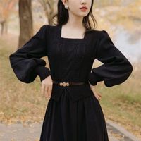 Vintage Elegant Evening Party Midi Dresses Women Puff Sleeve France Retro Dress Solid Warm Korean Style Dress Autumn Winter 220317