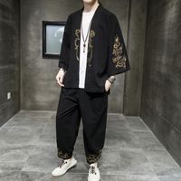 Vêtements ethniques 4xl 5xl Cotton Linen broderie Kimono Daopao Robe Suit Summer Traditional Chinese Style Orient Tang Hanfu pour les ensembles d'hommes