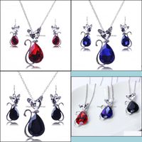 Women Wedding Crystal Jewelry Sets Rhinestone Cute Cats Earrings Pendant Necklaces Red Black Blue White Gold Plating Set New Drop Delivery 2