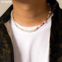 Boho Multicolor Beads Imitation Pearl Necklace For Women Men Kpop Vintage Aesthetic Strand Chain On The Neck Fashion Accessories P304L