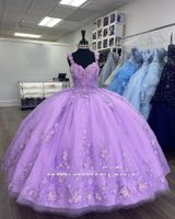 Мексиканские девушки Веспидо де 15 Anos 2022 Светлые пурпурные платья Quinceanera с 3 -й цветочной аппликацией Sweet 16 Prom Howns