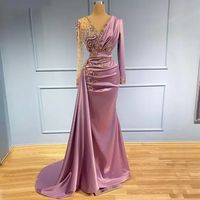 2022 Lätt Purple Mermaid aftonklänningar ren V Neck Appliced ​​pärlstav långärmad formell prom party andra mottagning special tillfälle klänningar b0513