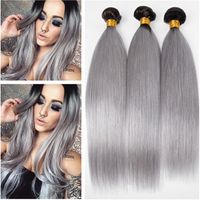 #1B Grey Dark Root Ombre Peruvian Human Hair Weave Bundles Straight Black and Silver Grey Ombre Human Hair Weft Extensions 3Pcs Lo242k