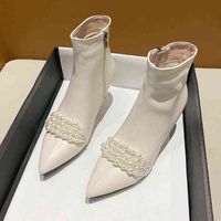 패션 - 7 cm 하이힐 여성 부츠 2021 가을 새로운 패션 지퍼 진주 우아한 숙녀 신발 진주 뾰족한 발가락 사무실 레이디 부츠