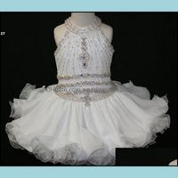 Elegant White Cupcake Toddler Pageant Dresses Halter Beaded Princess Gown First Holy Communion Short Flower Girl Gowns For Wedding Drop Deli