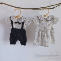 Baby girls plaid lapel short sleeve dress toddler boys Bows tie fake two piece jumpsuits summer infant kids gentleman clothing Q6797