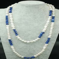 Hand knotted necklace natural 8-9mm white and blue freshwater pearl sweater chain baroque pearl 52inch