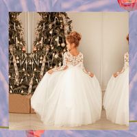 Kız elbiseleri dantel fllower kız elbise özel yapım fildişi prenses tül balo elbisesi toddler tren ilk cemaatir